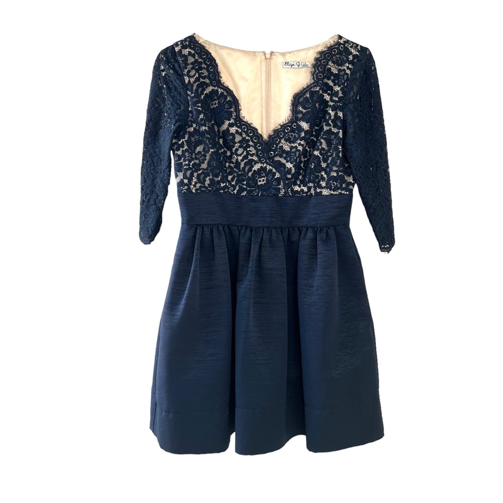 Eliza J Navy Lace V-neck 3/4 Sleeve Special Occasion Party Above Knee Dress sz 4